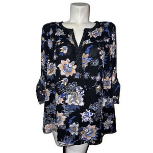 New Les Serein Top Plus Size 1X Black Blue V-neck Roll Tab Slv Cutout Back Shirt